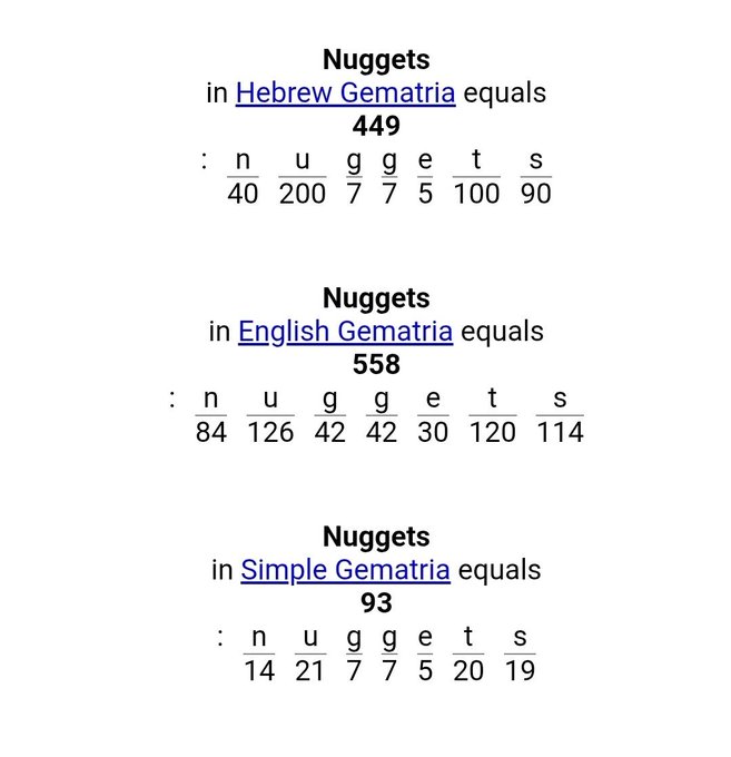A graphic showing the word 'Nuggets' calculated in three gematria systems: Hebrew (449), English (558), and Simple (93), with each letter's numerical value displayed.