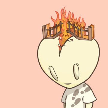 A digital illustration of a cartoon character with a cracked head revealing a small burning house and flames on top, set against a pink background.