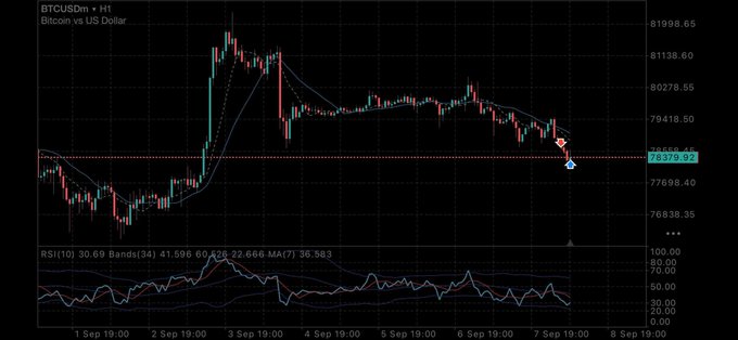 A Bitcoin vs US Dollar (BTCUSDm) candlestick chart on H1 timeframe showing price around 78379.92, with RSI at 30.69 and moving averages displayed at the bottom.