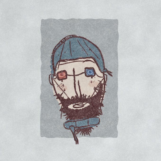 A hand-drawn sketch of a bearded man wearing a blue beanie and 3D glasses with one red and one blue lens, with a pipe in his mouth.
