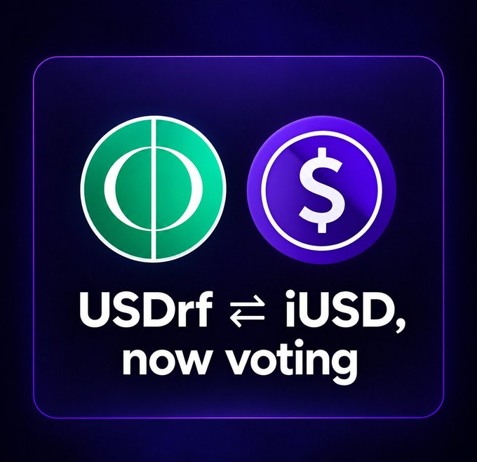 A dark purple promotional graphic showing two coin icons (green and purple with $) with text reading 'USDrf ⇌ iUSD, now voting'.