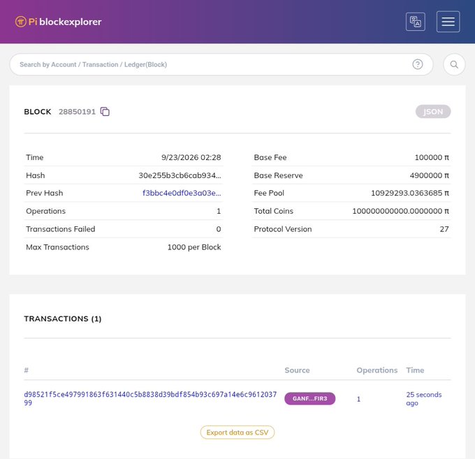 A screenshot of the Pi blockexplorer showing details for block 28850191, including its hash, timestamp (9/23/2026 02:28), and a single transaction.