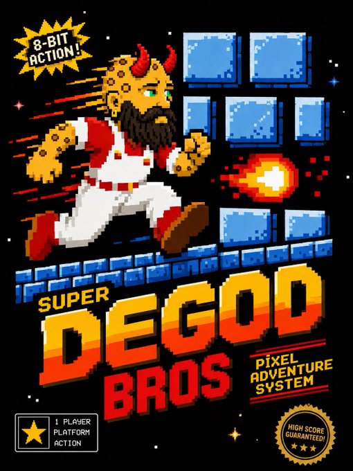 Retro 8-bit style video game poster titled 'SUPER DEGOD BROS - PIXEL ADVENTURE SYSTEM' featuring a horned pixel character running past ice blocks while a fireball flies by, marked '1 PLAYER PLATFORM ACTION' and 'HIGH SCORE GUARANTEED!'