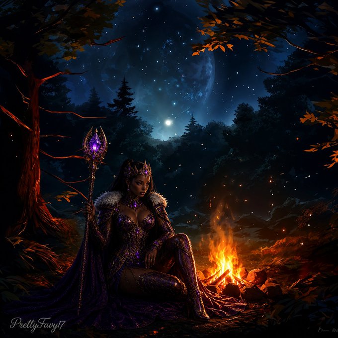A fantasy illustration shows a regal woman in purple and gold armor holding a staff beside a campfire under a starry night sky, credited to 'PrettyFairy17'.