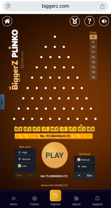 The image shows a phone screen displaying a game called "BiggerZ0. Plinko" which appears to be a mobile version of the classic board game. The game has been started with 75 LTC, and there are two options for players - they can either play against each other or against the computer. The game is currently in progress, as indicated by the ongoing match between the player and the computer.