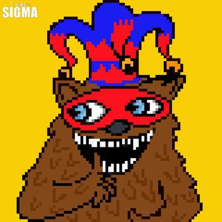 A pixel-art illustration of a brown furry creature wearing a red domino mask and a blue and red jester hat, with a "SIGMA" logo in the top-left corner, set against a yellow background.