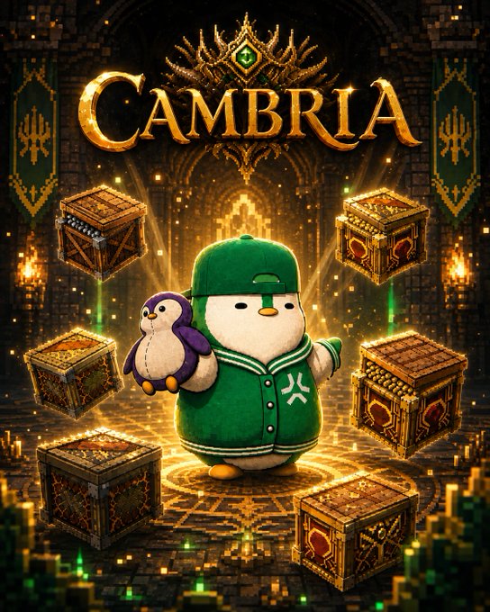A fantasy illustration featuring a cute penguin character in a green baseball jersey and cap, surrounded by treasure chests, with the word 'CAMBRIA' in gold lettering above.