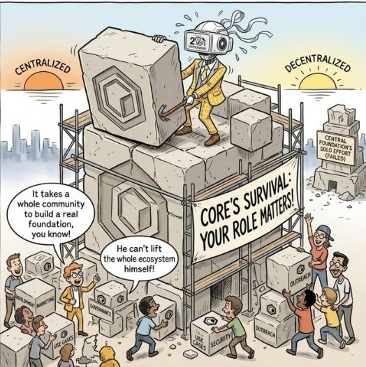 A cartoon illustration contrasting 'CENTRALIZED' and 'DECENTRALIZED' systems, depicting a figure struggling to lift large blocks while others build a foundation, with speech bubbles like 'It takes a whole community to build a real foundation' and 'CORE'S SURVIVAL: YOUR ROLE MATTERS!'