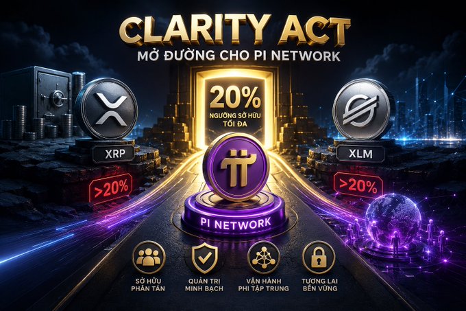 A futuristic promotional graphic for the "CLARITY ACT" with the subtitle "MỞ ĐƯỜNG CHO PI NETWORK" (Paving the way for Pi Network), featuring Pi Network's π logo prominently at the center, alongside XRP and XLM tokens, and highlighting the "20%" ownership threshold rule with Vietnamese text emphasizing decentralized ownership, transparent governance, and sustainable future.