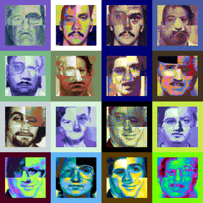 A grid of 16 stylized, colorful portrait illustrations of various faces, each rendered with different color palettes and patterns.
