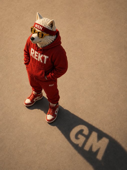 A 3D-rendered anthropomorphic husky wearing a red hoodie with 'REKT' text, a 'WEN' headband, and yellow goggles casts a shadow spelling 'GM' on the ground.