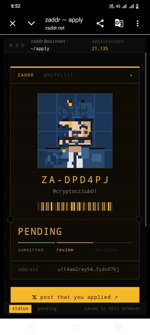A mobile screenshot of the zaddr.net application page for wallet "ZA-DPD4PJ" (@cryptoclub01) showing a pending review status on the ZADDR Whitelist.