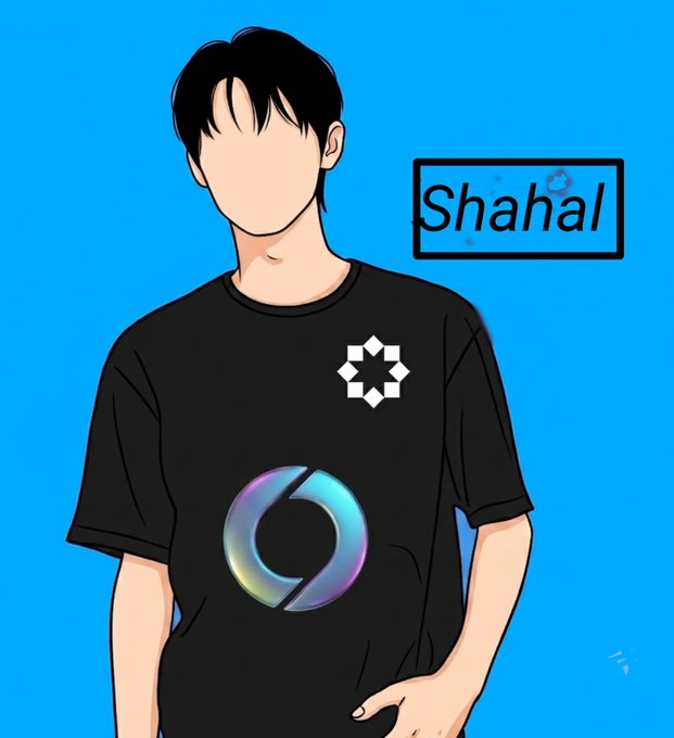 An illustrated figure with a blank face wears a black t-shirt featuring a circular logo, set against a blue background with the name "Shahal" in a box.