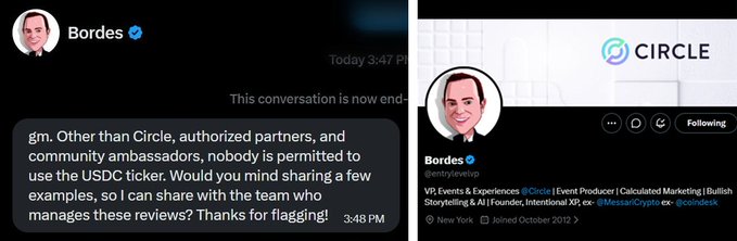 A Twitter exchange between Bordes and an unspecified account regarding USDC ticker usage, with Bordes requesting examples of community ambassadors using the ticker to share with his team for review, alongside his profile showing his roles as VP at Circle and his Twitter handle @bordes.