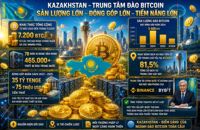 An infographic titled 'KAZAKHSTAN - TRUNG TÂM ĐÀO BITCOIN' highlighting Kazakhstan as a Bitcoin mining center, featuring data like 7,200 BTC mined, 465,000+ devices, 35 Tenge mining cost, and 81.5% digital service activity in Astana.