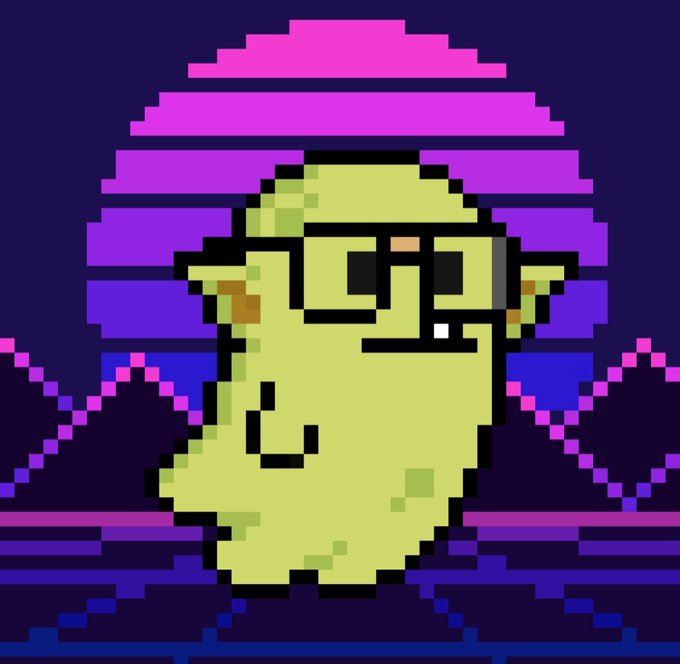 Pixel art illustration depicting a worm-like character wearing sunglasses against a retro sunset background with purple mountains and a pink-striped sun.