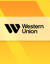 The image displays the Western Union logo with its distinctive "W" symbol and "Western Union" text on a yellow and orange chevron background. The branded graphic visually represents one of the two payment/financial companies mentioned—Western Union—paired with Visa—as XRP and XLM (cryptocurrencies) partners.