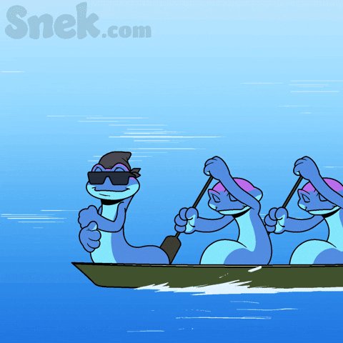 The image features a cartoon frog wearing sunglasses and holding a paddle while sitting in a boat with other cartoon frogs. The background of the image shows a blue sky, which complements the overall theme of the cartoon characters. The caption below the image reads "Worst times I've experienced in crypto! But I'M still holding my Snek confidently. The team, the community, the brand". This text connects the cartoon characters and their boat to the cryptocurrency world, suggesting that they are navigating through challenging times together while maintaining confidence in their investment strategy.