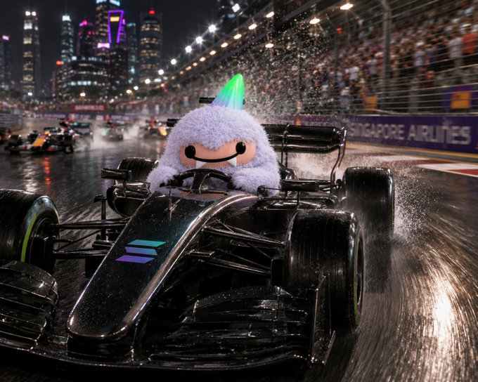 A purple furry mascot with a teal mohawk and fangs drives a black Formula 1 race car through a wet Singapore street circuit, with 'SINGAPORE AIRLINES' branding visible on the barriers.