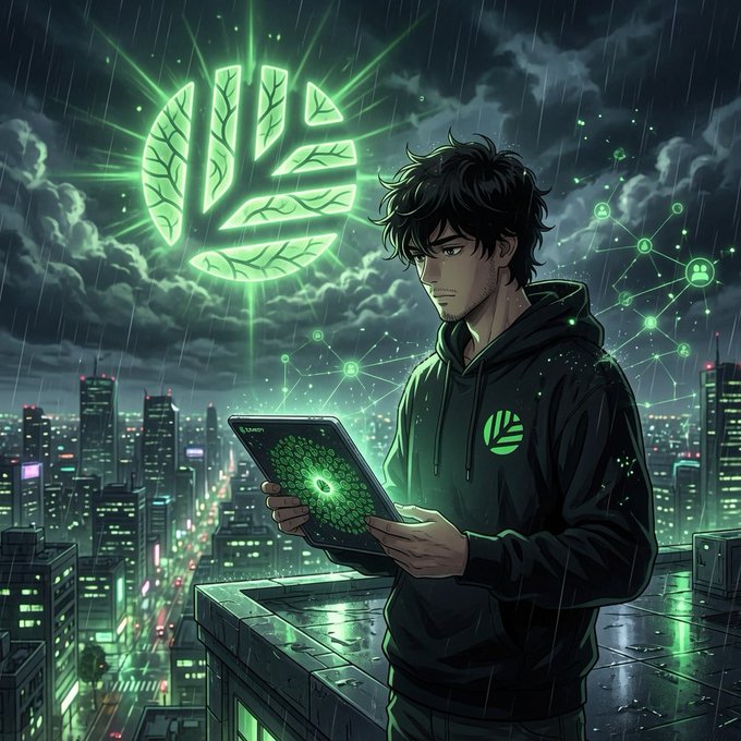 Anime-style illustration of a dark-haired character in a hoodie holding a glowing tablet, with a green GMT logo and network nodes floating above a rainy nighttime cityscape.