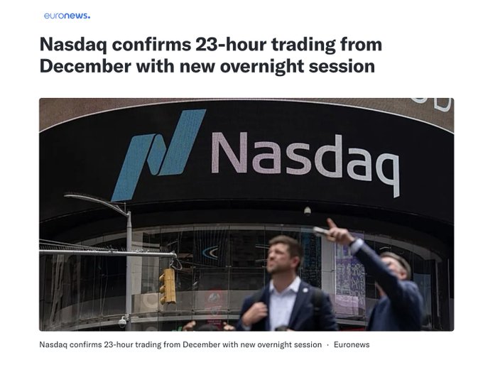 A Euronews news article headlined 'Nasdaq confirms 23-hour trading from December with new overnight session,' featuring a photo of the Nasdaq building's exterior signage.
