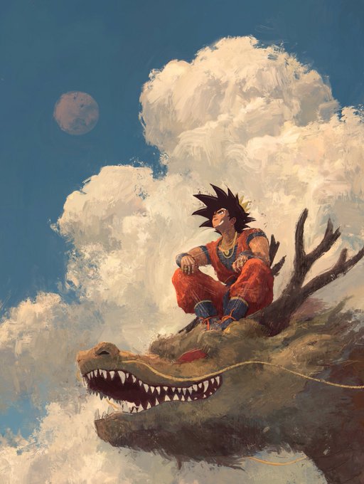 A painterly illustration of Goku from Dragon Ball sitting cross-legged on the head of a large green dinosaur-like creature, looking up at clouds and a moon in the sky.