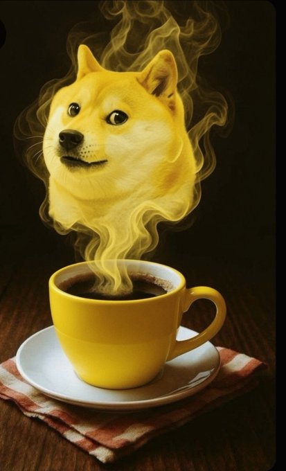 A steaming yellow coffee cup releases vapor that forms the shape of a Shiba Inu dog's head, playfully referencing the iconic $DOGE meme coin on a relaxed Saturday morning. The whimsical image cleverly ties the cozy "Good Morning" greeting to crypto culture, suggesting a warm start to the weekend for the Doge community.