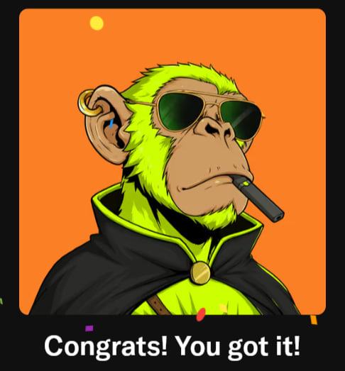 Cartoon illustration of a monkey wearing aviator sunglasses and a black cape, with a cigar in its mouth, set against an orange background with text reading 'Congrats! You got it!'.