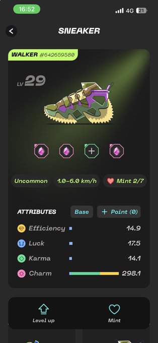 A mobile app screenshot showing a 'SNEAKER' inventory page for a 'WALKER #642659586' item, displaying attributes like Efficiency 14.9, Luck 17.5, Karma 14.1, and Charm 298.1.