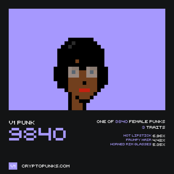 CryptoPunk #9840, a female punk with traits including Hot Lipstick, Frumpy Hair, and Horned Rim Glasses.