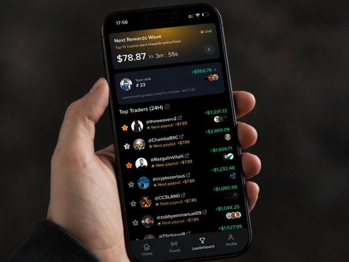 A hand holds a smartphone displaying the Moby app's "Next Rewards Wave" leaderboard with $78.87 in 3m 55s remaining, ranking the user #23 (wallet .eth, last payout 17:33) and listing top 24H traders like @theweaverv2 (+$3,241.72) and @ChambeBSC (+$2,869.09), visually showcasing the live, hour-by-hour reward payouts referenced in the post about Moby's first-week performance.