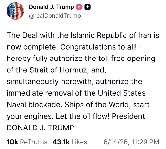 The image shows a Twitter post from Donald J Trump that congratulates him for completing the deal with Iran. The post also mentions that Bitcoin was able to gain in response to the deal, which has been completed. The text of the post includes details about the deal and its impact on Bitcoin's value.