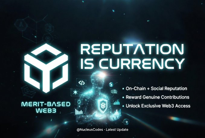 The image showcases a futuristic, tech-styled graphic promoting the concept of "Reputation is Currency" by Nucleus Codes (@NucleusCodes), featuring a glowing geometric cube logo with the tagline "Merit-Based Web3." It highlights three key features—On-Chain + Social Reputation, Reward Genuine Contributions, and Unlock Exclusive Web3 Access—visually reinforcing the post's message about transforming reputation into a tradable asset through blockchain technology.