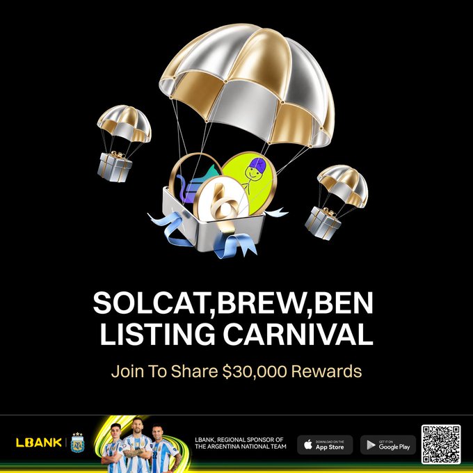 The image is a promotional graphic for LBank's Listing Carnival, featuring a large gold and silver parachute delivering a basket of coins and tokens, with smaller parachutes on either side against a black background. The bold white text reads "SOLCAT, BREW, BEN LISTING CARNIVAL — Join To Share $30,000 Rewards," along with LBank's logo, a soccer-themed sponsor banner for the Argentina National Team, app download buttons, and a QR code. It visually reinforces the post's message by highlighting the $30,000 USDT reward pool for the newly listed $SOLCAT, $BREW, and $BEN tokens.