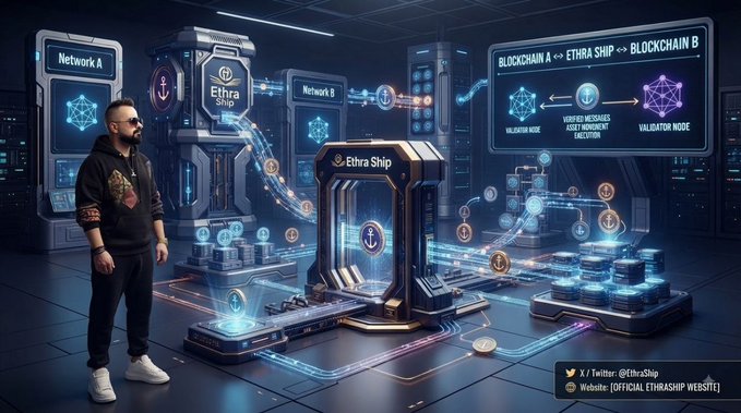 A futuristic digital illustration of a man in sunglasses standing next to high-tech machines labeled "Ethra Ship" and "Network A/B," with blockchain and validation node diagrams displayed on screens.