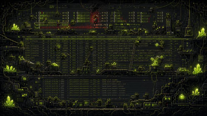 A dark, cavernous sci-fi environment with glowing green crystals, metallic platforms, ladders, and pixel-art character sprites, set against a backdrop of green matrix-style digital code and red numeric readouts including "epoch(0)". The scene evokes a retro video game level where data streams and circuitry form the architecture, visually tying the "epoch(0)" caption to a starting iteration or initial state of a digital world.