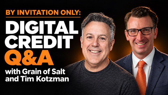 A promotional banner reading 'BY INVITATION ONLY: DIGITAL CREDIT Q&A with Grain of Salt and Tim Kotzman' featuring headshots of two smiling men.