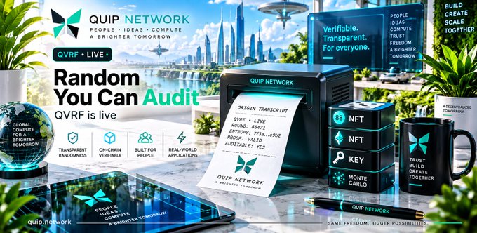 A promotional banner for Quip Network featuring the tagline 'Random You Can Audit' and 'QVRF is live,' highlighting features like transparent randomness, on-chain verifiable outputs, and built-for-people applications, alongside a printed receipt showing a valid origin transcript.