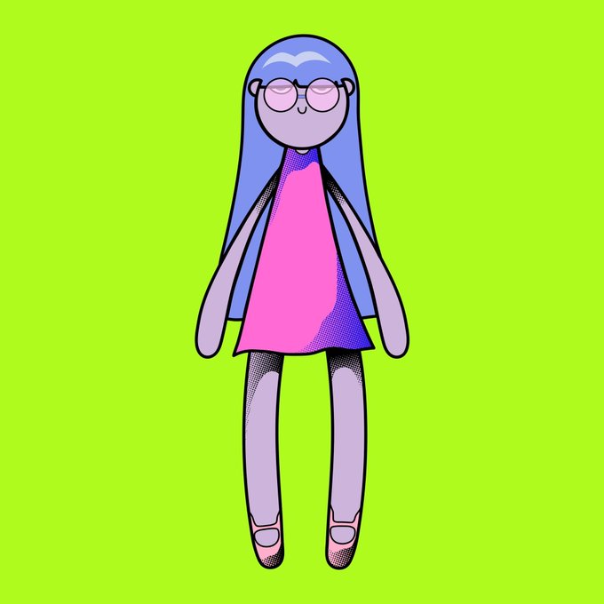A cartoon character with blue hair, glasses, and a pink dress stands against a bright green background, serving as a colorful mascot for a crypto giveaway offering 15 guaranteed and 20 first-come-first-served spots for @lolionchain.