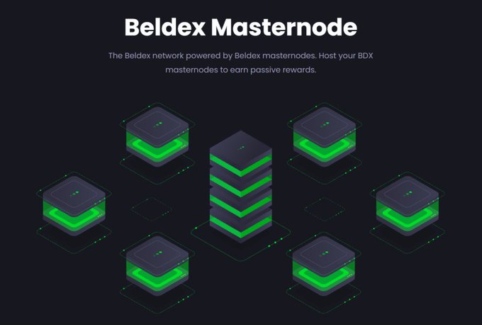 A promotional graphic titled 'Beldex Masternode' explaining that the Beldex network is powered by masternodes, inviting users to host BDX masternodes for passive rewards, with illustrated green server icons.