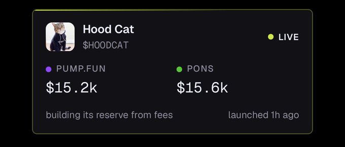 A live tracking card for "Hood Cat" ($HOODCAT) shows it building its reserve from fees, with $15.2k on Pump.fun and $15.6k on PONS, launched 1 hour ago. The image appears to support the post's inquiry by showing a newly launched coin's metrics, suggesting it's a recently created token rather than an older active one.