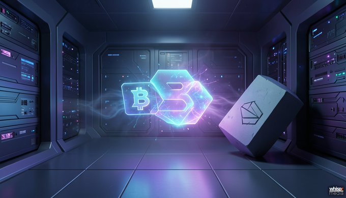 The image shows a computer server room with two servers, one of which has a large hexagon-shaped icon that reads "B" above it. The other server also features an icon of a cube with the word "bitcoin" written on it. The text in the image suggests that there is a connection between Bitcoin and Ethereum, possibly indicating a rebalance or transition from Bitcoin to Ethereum as the dominant cryptocurrency.