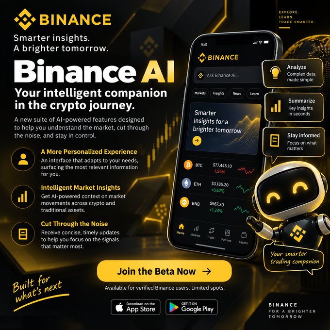 An advertisement for Binance AI, featuring a smartphone displaying the app with BTC, ETH, and BNB prices, a robot mascot, and text promoting AI-powered crypto trading insights. Key text includes 'Binance AI', 'Your intelligent companion in the crypto journey', 'Join the Beta Now', and 'BINANCE FOR A BRIGHTER TOMORROW'.