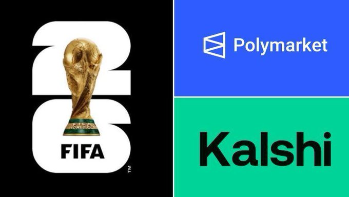 A collage featuring the FIFA 2026 World Cup logo, the Polymarket logo, and the Kalshi logo.