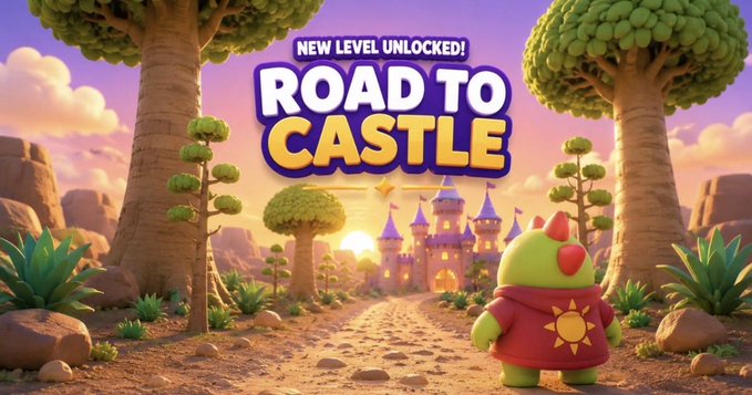 A colorful 3D animated illustration featuring a green character with red horns and a sun-emblazoned cloak standing before a castle, with text reading 'NEW LEVEL UNLOCKED! ROAD TO CASTLE' displayed prominently.