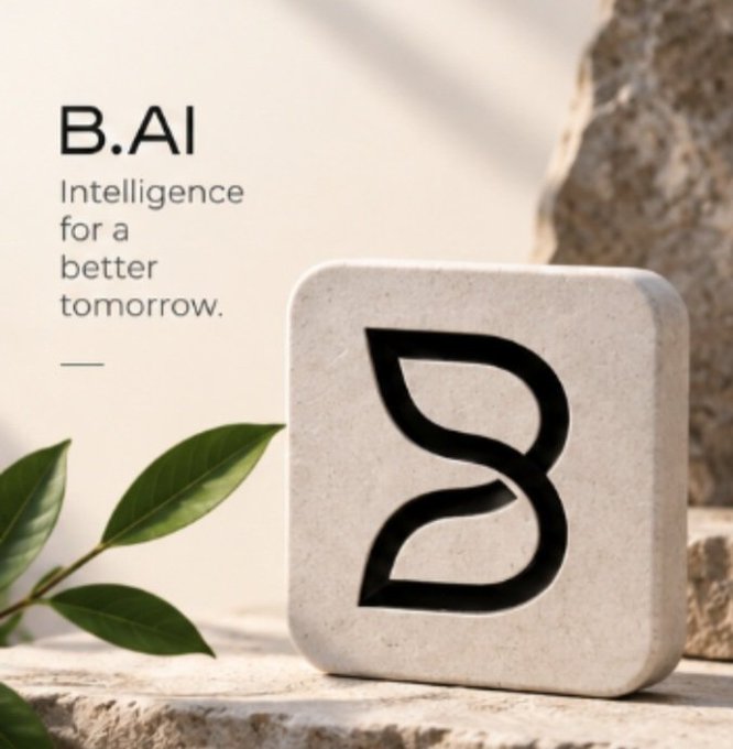 A promotional graphic for 'B.AI' with the tagline 'Intelligence for a better tomorrow,' featuring a stylized 'B' logo on a stone block.