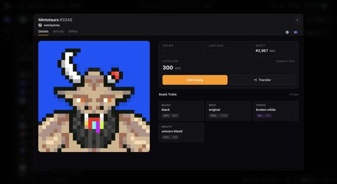 The image shows a screenshot of a computer screen displaying a website called "mintotaurs". The main focus of the image is an illustration or drawing of a character, possibly a monster or a bull with horns, which is part of the website's listing for items for sale. There are several descriptions provided about these items, and they include details such as price, size, and other relevant information. The post also mentions that there is a "@frostyz" in the image, which could be a user's name or a social media handle.