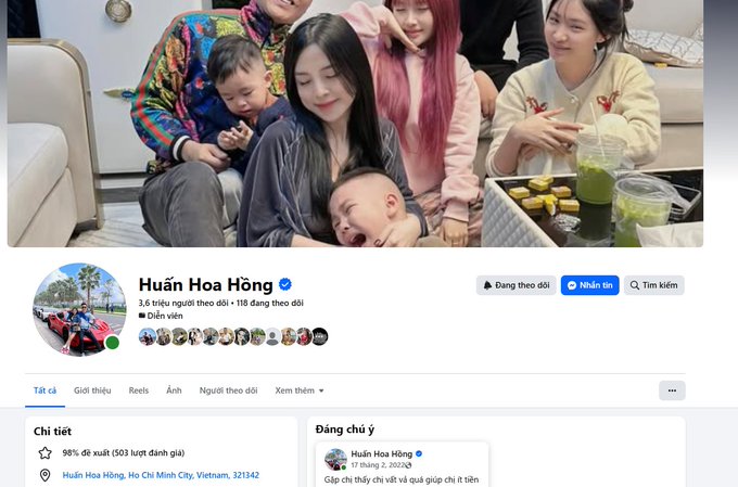 A Facebook profile page for "Huấn Hoa Hồng" (3.6 triệu người theo dõi) shows a family photo with a woman holding a baby alongside other family members, posted on 17 tháng 2, 2022, captioned "Gặp chị thấy chị vật và quá giúp chi ít tiền" — illustrating the public figure whose charitable activities are being scrutinized in the accompanying commentary about transparency in philanthropy.