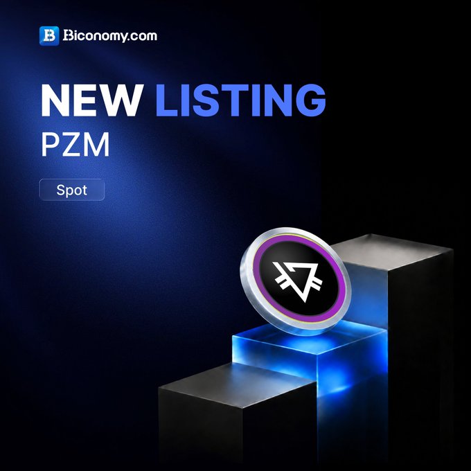 A promotional graphic from Biconomy.com announces a 'NEW LISTING' for 'PZM' on the Spot market, featuring a purple and black coin emblem displayed on metallic blocks against a blue background.