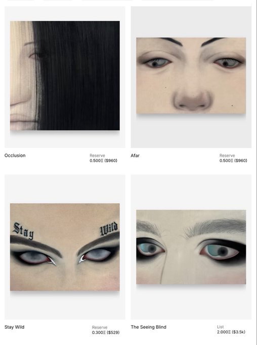 A grid of four NFT digital art pieces featuring stylized eyes and faces, with titles 'Occlusion', 'Afar', 'Stay Wild', and 'The Seeing Blind' alongside prices and reserve amounts in ETH/USD.